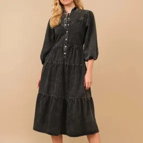 Garment Washed Chevron Yoke Midi Denim Dress Black