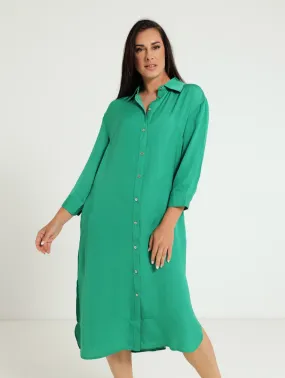 3/4 Sleeve Midi Shirt Dress - Emerald