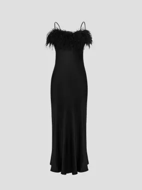 Black Boheme Feather-trimmed Satin Maxi Dress