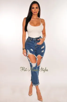 Blue Denim Ripped Mom Jeans