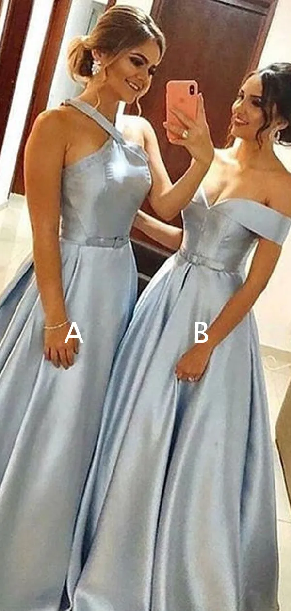 Blue Satin Mismatched A-line Halter Off Shoulder Prom Dresses For Teens.PD00277