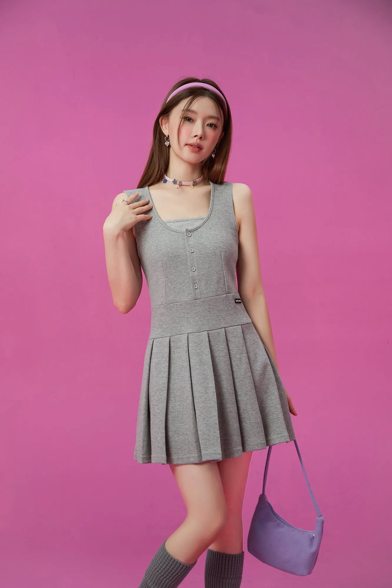 Button Pleated Tank Top Dress