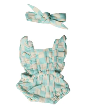 Checker Romper with Headband | Seafoam