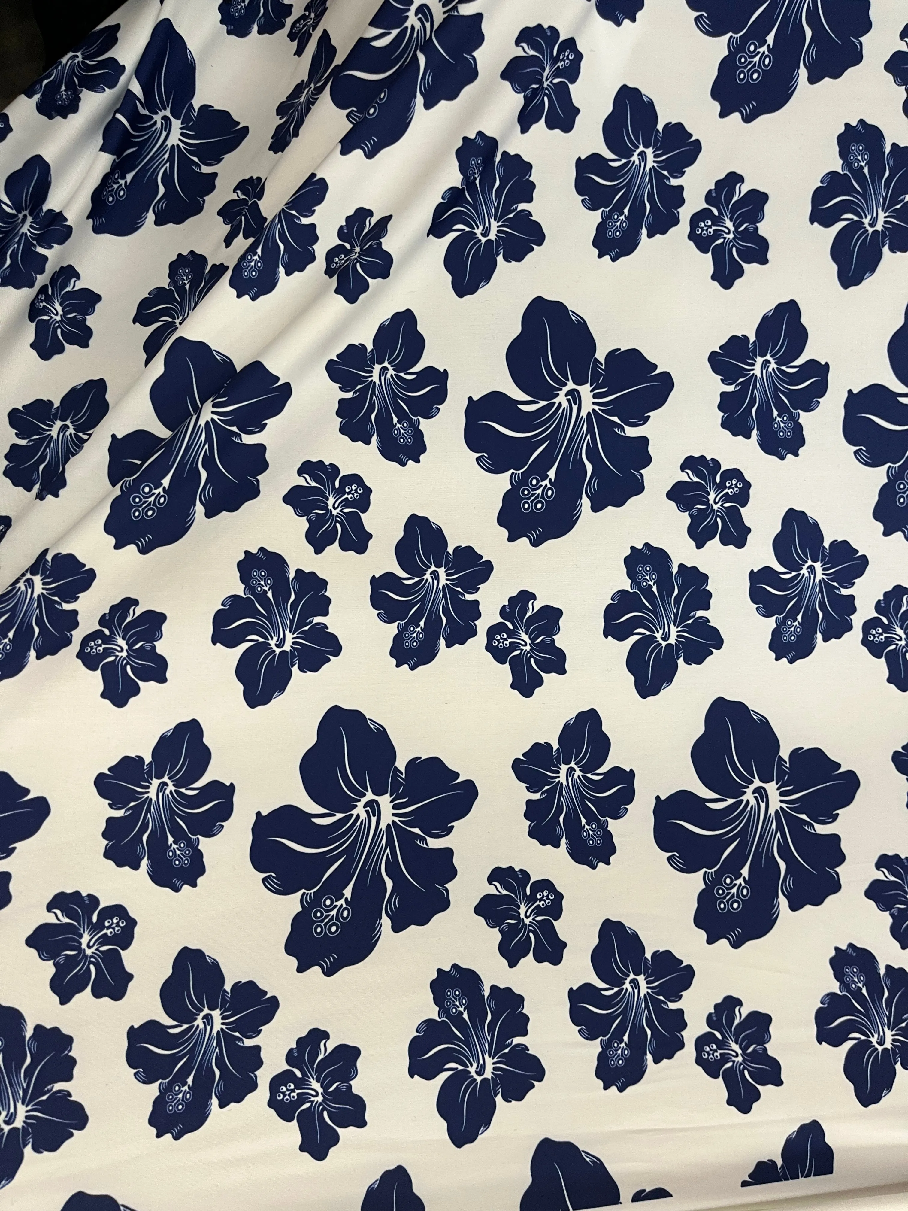 Floral Print Poly Lycra - White / Cobalt Blue