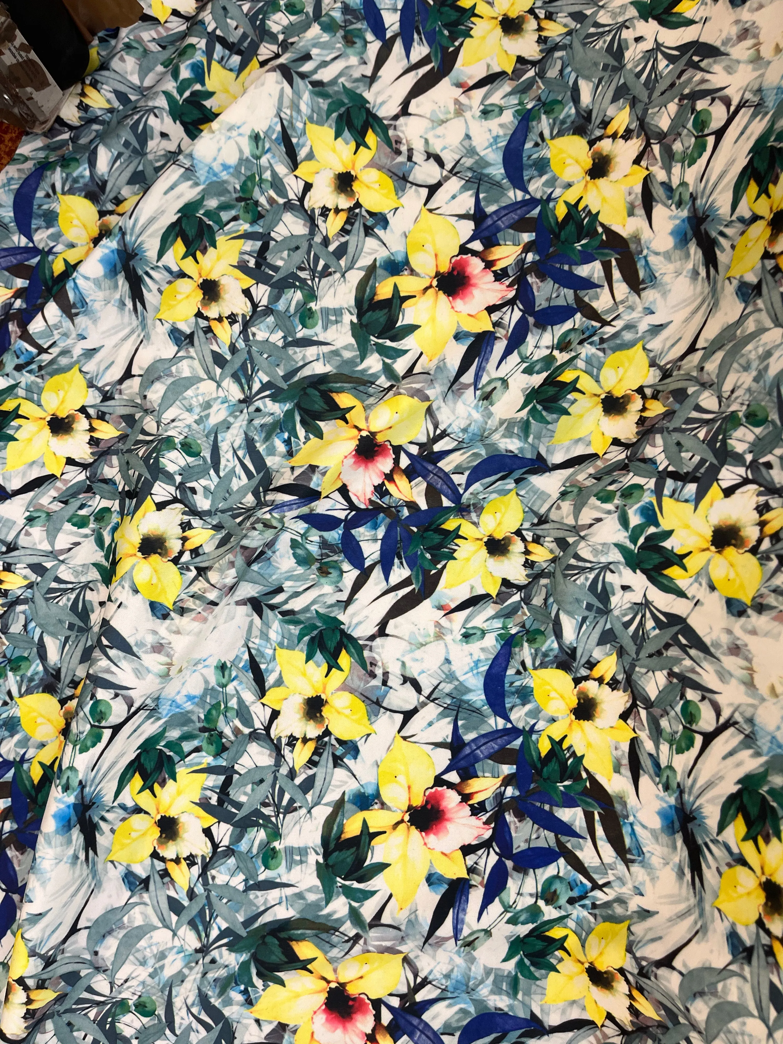 Floral Print Poly Lycra - White / Yellow / Royal Blue / Green