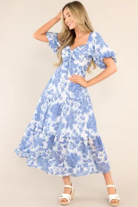 MINKPINK Perla Blue Floral Puff Sleeve Midi Dress