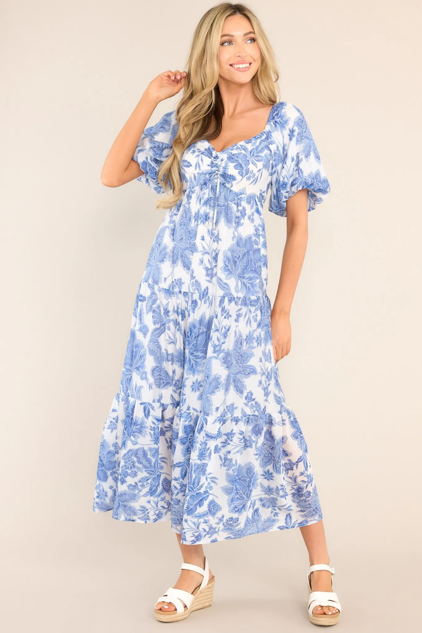 MINKPINK Perla Blue Floral Puff Sleeve Midi Dress