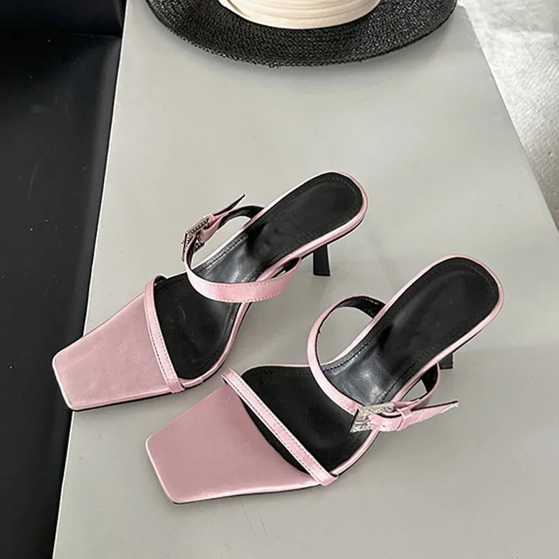 Summer Narrow Band Buckle Square Toe Women Slippers Fashion Thins Party Stripper Mules Ladies Slides Low Heel Pumps