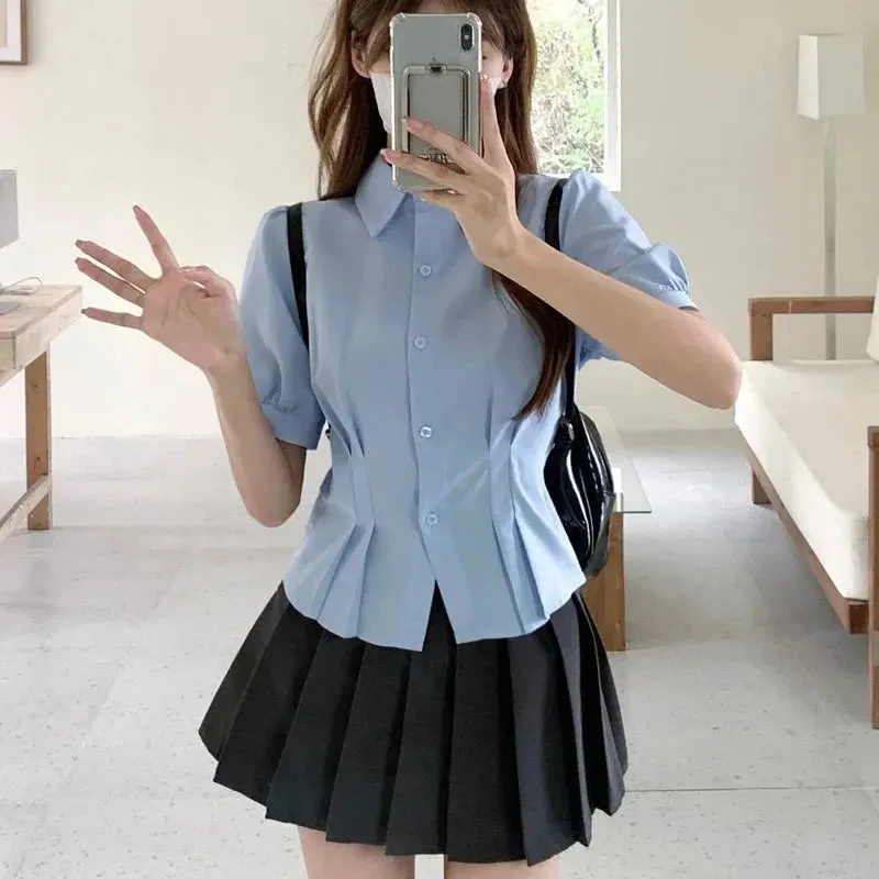 White Blue Short Sleeve Shirts Women Summer New College Style Button Up Slim JK Shirts Korean Turndown Collar Students Blouses