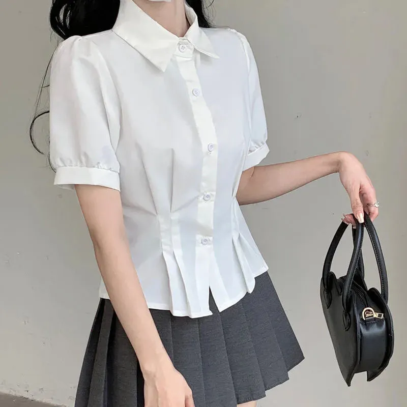 White Blue Short Sleeve Shirts Women Summer New College Style Button Up Slim JK Shirts Korean Turndown Collar Students Blouses