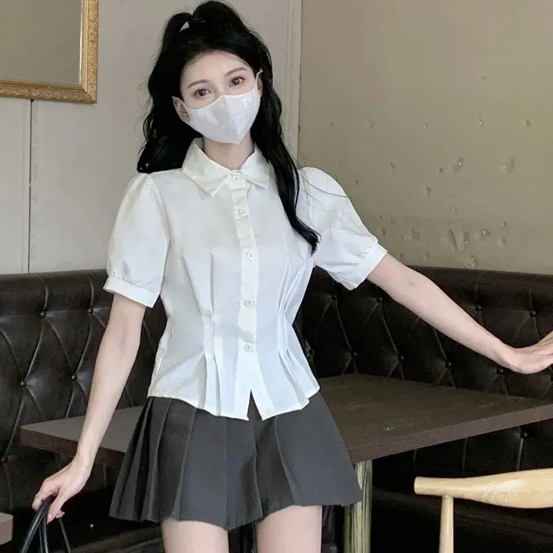 White Blue Short Sleeve Shirts Women Summer New College Style Button Up Slim JK Shirts Korean Turndown Collar Students Blouses