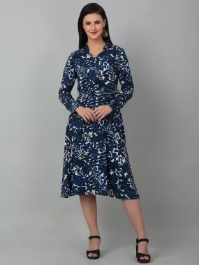 Women's Blue Floral Printed Full Sleeves Casual Dress